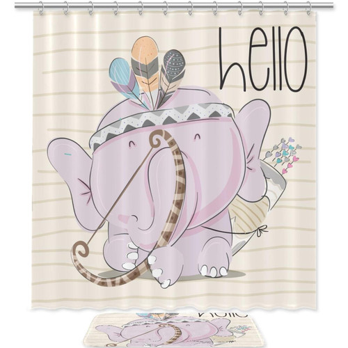 KQNZT 2Pcs Shower Curtain Sets, Bathroom Sets with Shower Curtain, Bath Mat, Shower Curtain with 12 Hooks for Bathroom Set Decor, Animal Elephant Cartoon