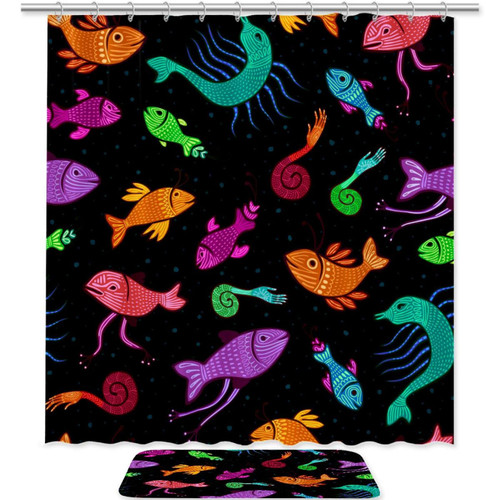 KQNZT 2Pcs Shower Curtain Sets, Bathroom Sets with Shower Curtain, Bath Mat, Shower Curtain with 12 Hooks for Bathroom Set Decor, Cartoon Ocean Animal Fish