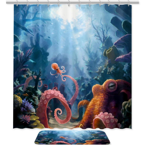 KQNZT 2Pcs Shower Curtain Sets, Bathroom Sets with Shower Curtain, Bath Mat, Shower Curtain with 12 Hooks for Bathroom Set Decor, Undersea Animal Octopus Squid KQNZT 2Pcs Shower Curtain Sets, Bathroom Sets with Shower Curtain, Bath Mat, Shower Curtain with 12 Hooks for Bathroom Set Decor, Undersea Animal Octopus Squid
