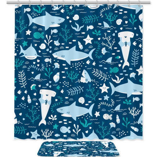 KQNZT 2Pcs Shower Curtain Sets, Bathroom Sets with Shower Curtain, Bath Mat, Shower Curtain with 12 Hooks for Bathroom Set Decor, Sea Animals Shark Whale Cartoon KQNZT 2Pcs Shower Curtain Sets, Bathroom Sets with Shower Curtain, Bath Mat, Shower Curtain with 12 Hooks for Bathroom Set Decor, Sea Animals Shark Whale Cartoon
