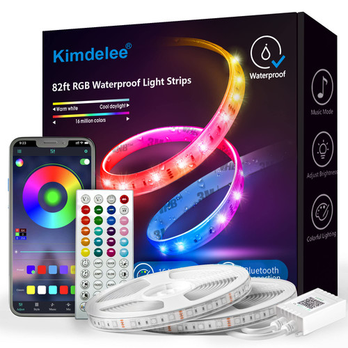 Kimdelee 82ft Outdoor Led Strip Lights, 12v Smart RGB Led Strip Lights Waterproof 5050 Color Changing Bluetooth Music Sync App Remote Controller, Outdoor Rope Lights