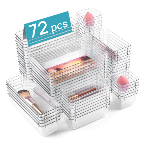 Vtopmart 72 PCS Clear Plastic Drawer Organizers Set, 4-Size Versatile Bathroom and Vanity Drawer Organizer Trays, Non-Slip Storage Bins for Makeup, Jewelries, Kitchen Utensils and Office Desk