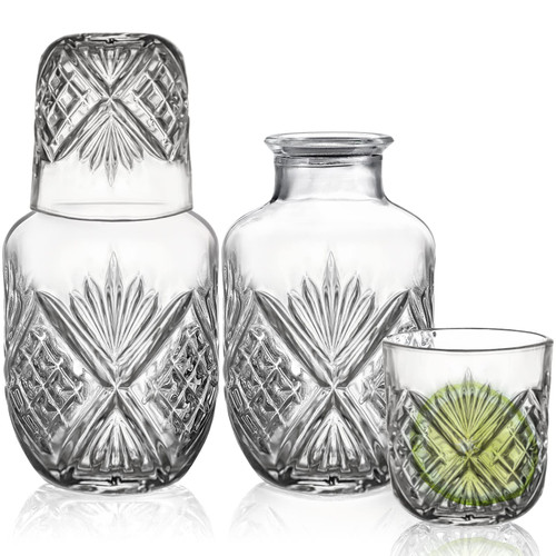 Suwimut 4 Pieces Bedside Water Carafe and Glass Set for Bedroom Nightstand, 18 OZ Vintage Night Water Carafe with Tumbler Cup, Glass Mouthwash Decanter for Bathroom, Glass Juice Water Pitcher Set