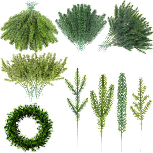 Artificial Pine Branches 4 Styles Christmas Pine Needles Faux Leaves Needle Plastic Pine Tree Branches Garland Fake Greenery Pick for DIY Garland Xmas Holiday Wall Home Decor (Green, 80 Pieces)