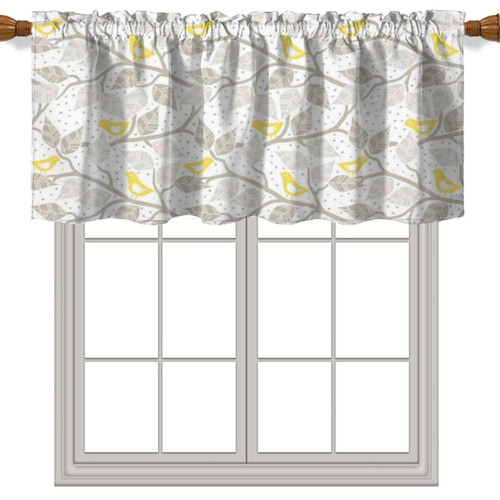Fanjanmey Leaves Theme Window Curtain Valance Rod Pocket,Birds Pattern Privacy Decorative Rod Pocket Short Winow Valance Curtains,Grey Yellow,52 x 18 inch