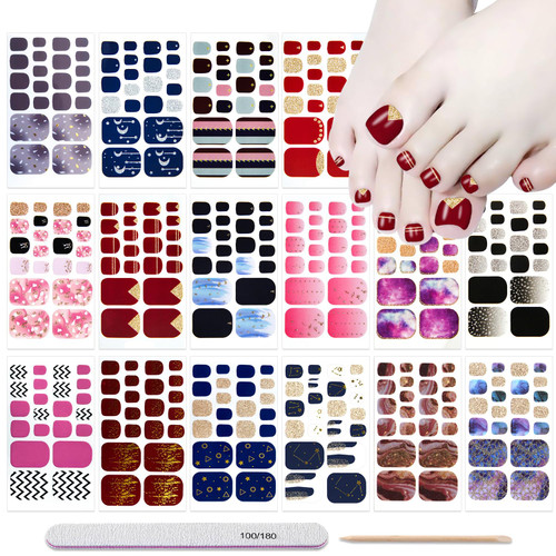 DANNEASY 16 Sheets Toe Nail Stickers Full Nail Wraps Ombre Toenail Polish Strips Self Adhesive Toes Nail Polish Stickers Gel Nail Strips Manicure Sticker with Nail File, Cuticle Stick
