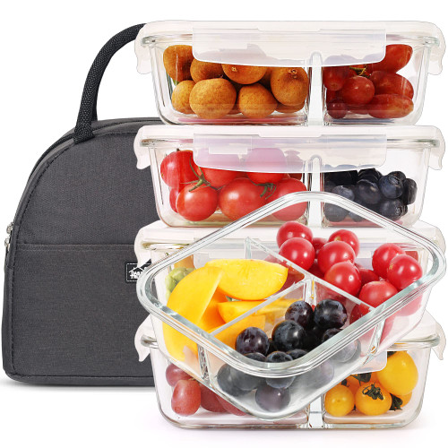 5 Pack 36oz Bento Box Glass Meal Prep Container 3 Compartments Glass Food Storage Containers with Lids Meal Prep Bowls Lunch Box Glass Food Prep Containers Lunch Container for Microwave Oven