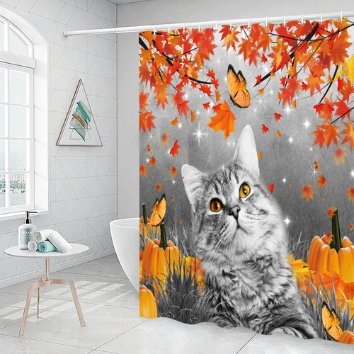 Cat Autumn Thanksgiving Waterproof Shower Curtain,Farnhouse Harnest Pumpkin with Cat Maple Leaves Thanksgiving Shower Curtains 12 Hooks Included Polyester Fabric Bathroom Curtain Decor,69X70IN Orange