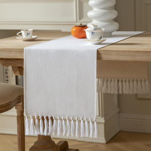 ZeeMart White Table Runners 72 Inches Long, Burlap Linen Style Rustic Farmhouse Table Runner, Boho Woven Dining Table Runner, 13x72 Inches, White ZeeMart White Table Runners 72 Inches Long, Burlap Linen Style Rustic Farmhouse Table Runner, Boho Woven Dining Table Runner, 13x72 Inches, White
