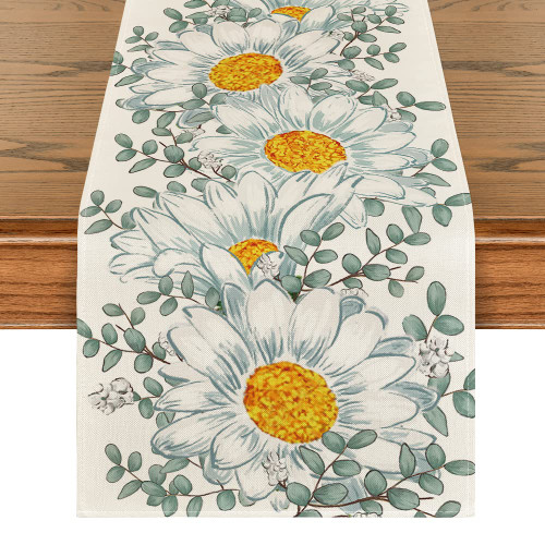 Artoid Mode Daisy Eucalyptus Summer Table Runner, Spring Kitchen Dining Table Decoration for Home Party Decor 13x72 Inch Artoid Mode Daisy Eucalyptus Summer Table Runner, Spring Kitchen Dining Table Decoration for Home Party Decor 13x72 Inch