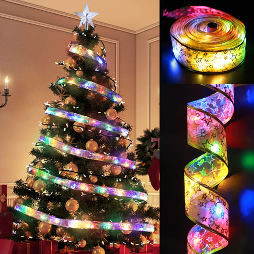 TURNMEON [ Timer & Remote Control ] Extra Long 40 Ft 120 LED Christmas Ribbon Lights Decorations, 8 Modes Ribbon Christmas Fairy String Lights Battery Operated Christmas Tree Decor Indoor Home