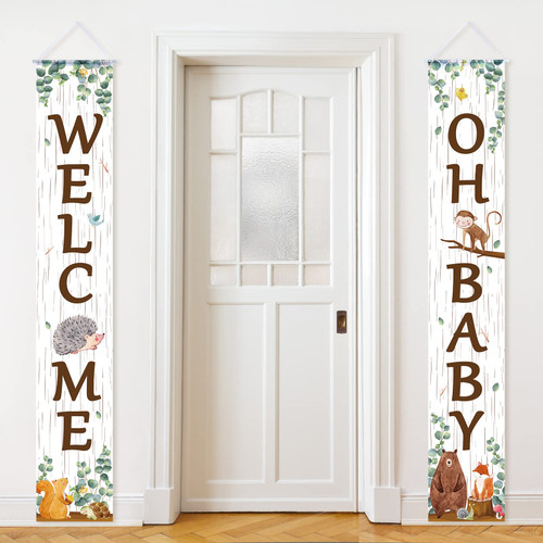 Outdoor Woodland Animal Porch Sign for Baby Shower Party Decorations Woodland Animal Baby Shower Banner Baby Hanging Banner for Home Boy or Girl Woodland Creatures Forest Welcome Part Supplies