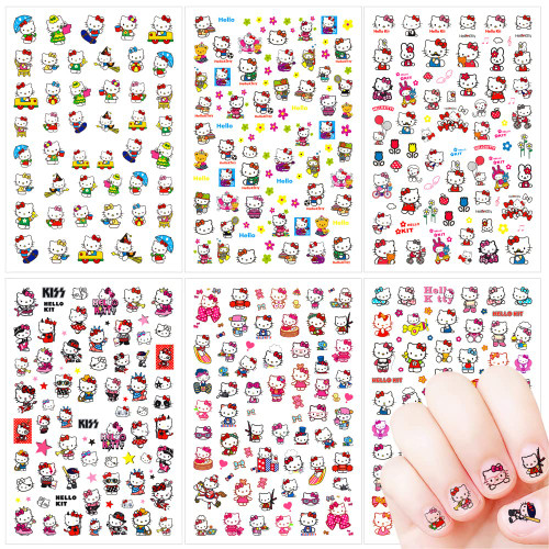 Cartoon Nail Art Stickers Decals Cute Nail Sticker 3D Self Adhesive Nail Design Cute Cartoon Cat Nail Stickers for Women Litter Girls 6 Sheets Cute Cartoon Nail Decals Decoration Cat Nail Charms