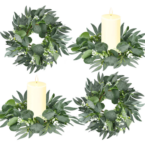 Thinkday 4 Pcs Candle Rings Artificial Eucalyptus Leaves Wreath Small Boho Wreath Pillar Candle Holder for Christmas Wedding Home Door Tabletop Decoration