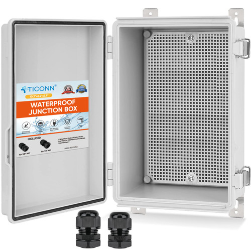 TICONN Waterproof Electrical Junction Box IP67 ABS Plastic Enclosure with Hinged Cover with Mounting Plate, Wall Brackets, Cable Glands (Off-White, 10.2"x6.3"x3.9")