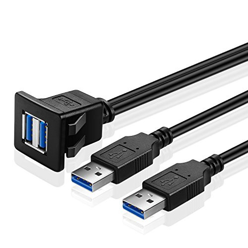 TNP Dual USB 3.0 Flush Mount Cable w/Buckle (Square)- Dashboard Panel Dash Mount 2 Ports Dual USB Socket Plug Jack Connector Extension Wire Cord Waterproof Male to Female (1.8M/6FT)