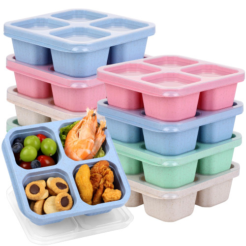 Kochorie 8 Pack 4-Compartment Bento Lunch Box Reusable Snack Box Food Containers with Lids Divided Food Storage Containers Meal Prep Lunch Containers for School, Work and Travel