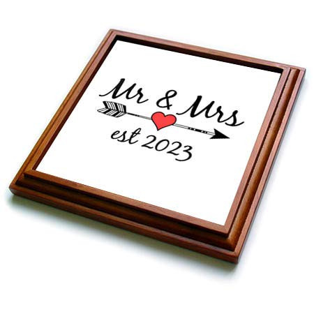 3dRose Stamp City - Typography - Mr and Mrs Est 2023 Black Lettering and Arrow with red Heart on White. - 8x8 Trivet with 6x6 Ceramic Tile (trv_322471_1)
