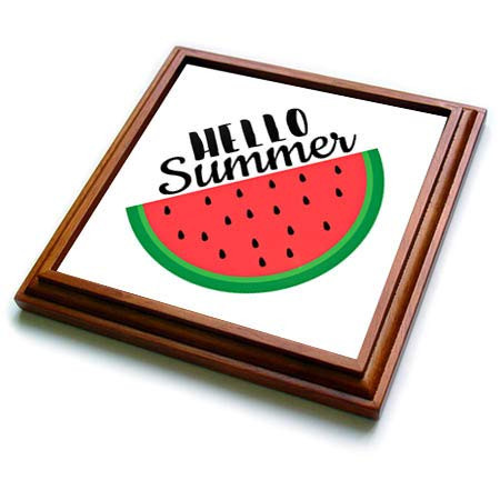 3dRose Stamp City - Typography - Hello Summer with Watermelon Slice. Black Letters on White Background. - 8x8 Trivet with 6x6 Ceramic Tile (trv_322483_1)