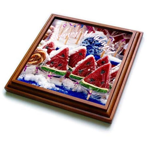 3dRose Sweet Candies, Water Melon Shaped Lollipops. Happy Holidays Text - Trivets (trv_340600_1)