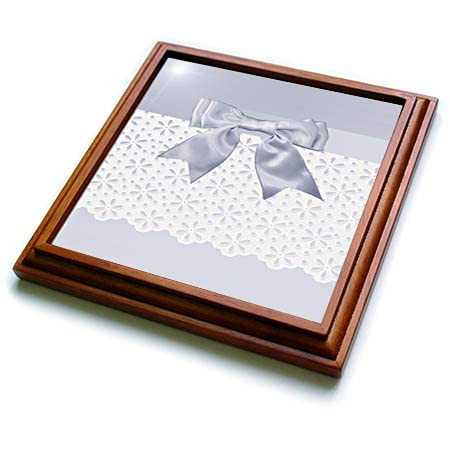 3dRose Image of Bow on Ribbon and Eyelet Lace, Blue and White - Trivets (trv_348169_1)