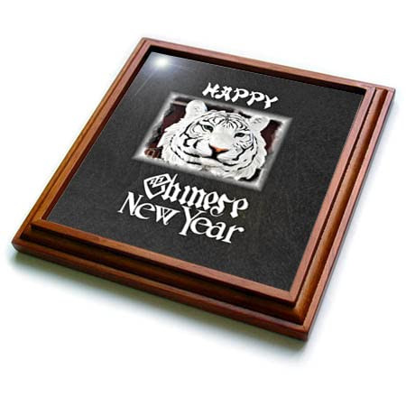 3dRose Image of Black and White Happy Chinese New Year with White Tiger - Trivets (trv_351545_1)