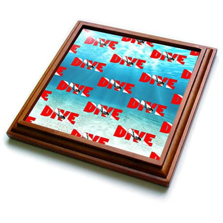 3dRose Underwater Patterned Women Scuba Diver Graphic with Dive Flag. - Trivets (trv_352925_1)