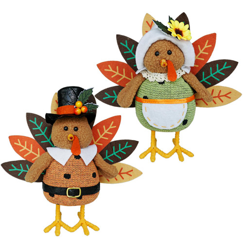 Thanksgiving Decoration Fall Decor Tabletop Standing Turkey Couple with Dangling Legs, 2 Pack Plush Stuffed Turkeys Shelf Figurine Gift for Autumn Fall Harvest Halloween Home Table Decorations