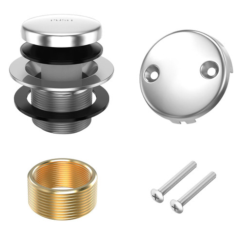 All Metal Tip-Toe Bathtub Drain Kit with Two-Hole Overflow Faceplate and Universal Fine/Coarse Thread Assembly, Bath Tub Drain Kit fits All Bathtub -Chrome Plated