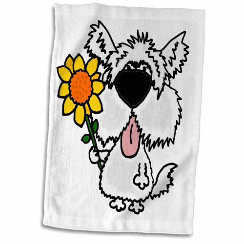 3dRose Funny White Shaggy Dog Holding Sunflower - Towels (twl-240603-1)