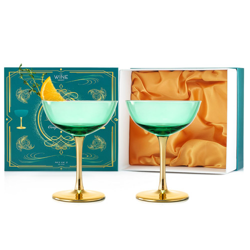 Colored Coupe Art Deco Glasses, Gold | Set of 2 | 12 oz Classic Cocktail Glassware for Champagne, Martini, Manhattan, Sidecar, Crystal Speakeasy Style Goblets Stems, Vintage Blue, Teal, Green