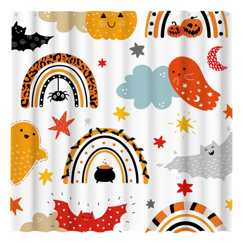 Funnytree Boho Halloween Rainbow Shower Curtain Cute Ghost Bat Pumpkin Home Bathtubs Bathroom Curtain Decoration Set 12 Hooks Washable Durable Polyester Fabric 72"x72"