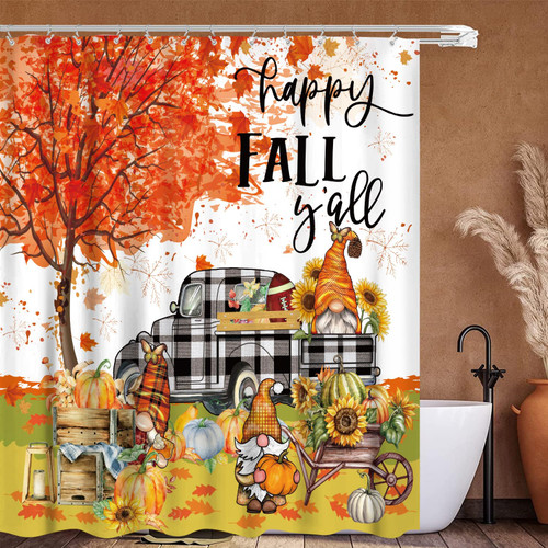 Fall Shower Curtain for Bathroom, Autumn Pumpkins Waterproof Bath Curtains, Gnomes Buffalo Plaid Truck Maple Leaves Farmhouse Decor Fabric Seasonal Shower Curtains with Hooks, 72"x72"
