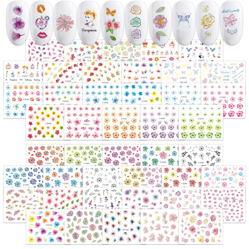 WOKOTO 2000+ Pieces 44 Sheets Flowers Nail Stickers for Nail Art Self Adhesive Decals for Acrylic Nails Women Girls Dry Flowers Mix Designs Nail Flowers Stickers 3D Nail Art Decals for Nails Designs