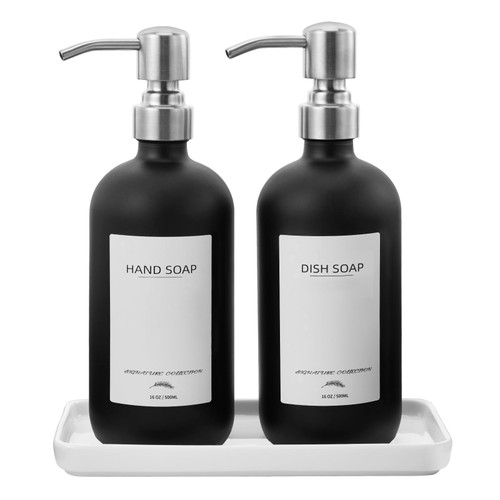Glass Dish Soap Dispenser with Ceramic Tray and Stainless Steel Pump, Kitchen Soap Dispenser Set with 12 Waterproof Labels, Hand and Dish Soap Dispenser for Kitchen Sink Bathroom Farmhouse