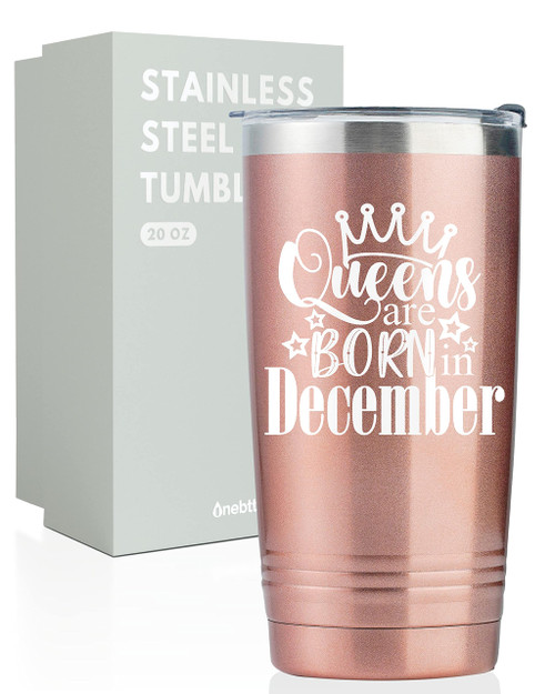 Onebttl Happy Birthday Tumbler for Women, Funny Birthday Gifts for Her, Girlfriend, Friends, Wife, Mom, Daughter, Sister, 20 oz Stainless Steel Cup with Lid, Rose Gold, Queens are Born in December