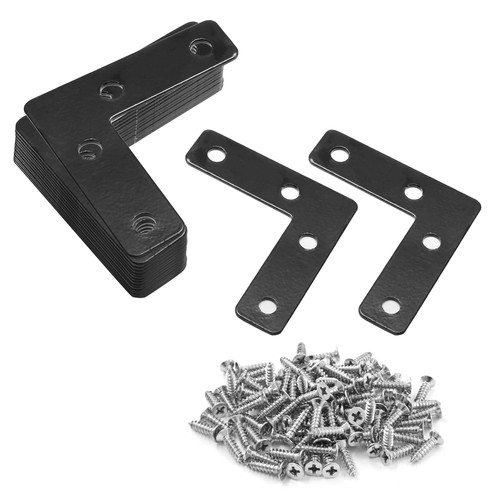 Uenhoy 20 Pcs L Shape Flat Mending Plates 50mm x 50mm (2" x 2") Flat Corner Braces, Right Angle Photo Frame Bracket, Black