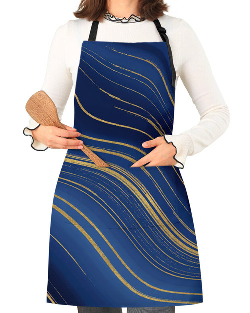 ZFUNCING Kitchen Apron with Pockets,Royal Blue Stripes Gold Inlay Server Aprons Waterproof Cooking Aprons Chef Apron for Women Men