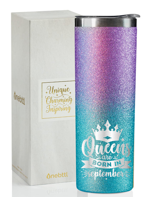 Queens are Born in September Birthday Skinny Glitter Tumbler for Women, Her, Girlfriend, Best Friends, Coworkers, Wife, Mom, Daughter, 20oz Stainless Steel Wine Coffee Cup with Lid - Purple Blue