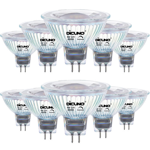 DiCUNO 6W MR16 LED Bulb Dimmable 6000K Daylight White, GU5.3 Base Bulb 60W Equivalent, 40 Degree Beam Angle 650LM 12V AC/DC, Landscape Light Bulb Spotlight, 10 Pack