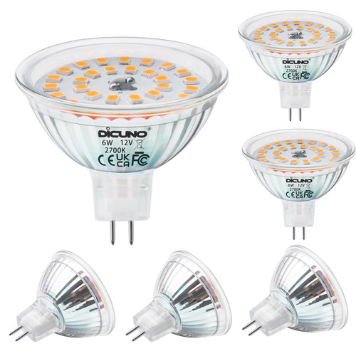 DiCUNO MR16 LED Bulbs 6W, 750LM 70W Halogen Equivalent, GU5.3 Bi-Pin Base Light Bulb 2700K Warm White, 12V Non-Dimmable 120 Degree Beam Angle, Replacement for Spotlight, Tracking Lighting, 6 Packs
