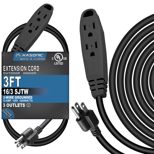 3-Feet 3 Outlet Extension Cord, Kasonic UL Listed, 16/3 SJTW 3-Wire Grounded, 13 Amp 125 V 1625 Watts, Multi-Outlet Indoor/Outdoor Use, Black
