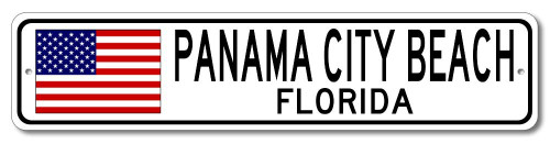 Panama City Beach, Florida USA Flag Sign - Metal Novelty Sign for Home Decoration, Man Cave or Manspace Wall Decor, Street Sign - 4x18 inches
