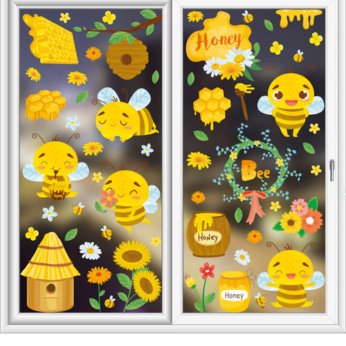 Bee Window Clings Honey Bee Window Decals Spring Summer Bee Window Stickers Flower Honeypot Bees Static Clings Removable Honeycomb Bee Window Decor for Home Party Supply 4 Sheets