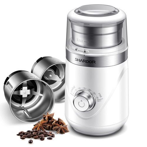 SHARDOR Adjustable Coffee Grinder Electric, Grain mills, Herb, Nut, Spice,Coffee Bean Espresso Grinder with 2 Removable Stainless Steel Bowl, White