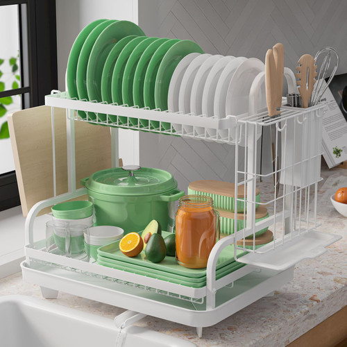 Kitsure Dish Drying Rack, Multifunctional Dish Rack, Rustproof Kitchen Dish Drying Rack with Drainboard, Space-Saving 2-Tier Dish Drying Rack with a Large Capacity for Kitchen Counter, White