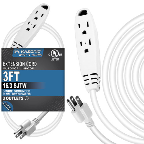 3-Feet 3 Outlet Extension Cord, Kasonic UL Listed, 16/3 SJTW 3-Wire Grounded, 13 Amp 125 V 1625 Watts, Multi-Outlet Indoor/Outdoor Use, White