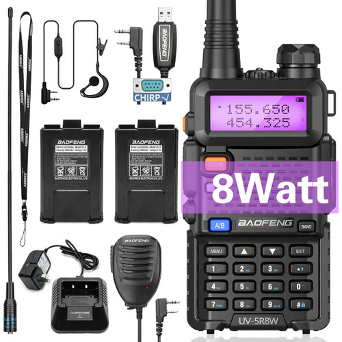 Baofeng UV-5R Radio Dual Band Ham Radios Handheld 8W High Power Two Way Radio with Double Battery Extra Programming Cable AR-771 Antenna Speaker Mic Full Kit Rechargeable Long Range Walkie Talkies