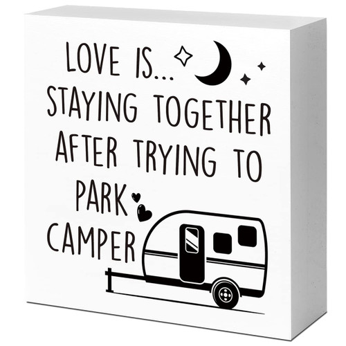 Love is Staying Together Camping Wood Blocks Sign,Camping Desk Decor, Funny Camping Wood Box Sign for Home RV Camper Decor Accessories for Inside,Camping Decor for Camper