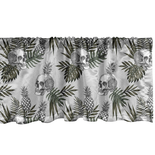 Ambesonne Skull Window Valance, Goth in Tropical Pineapples Leaves Modern Jungle, Curtain Valance for Kitchen Bedroom Decor with Rod Pocket, 54" X 12", Green Brown